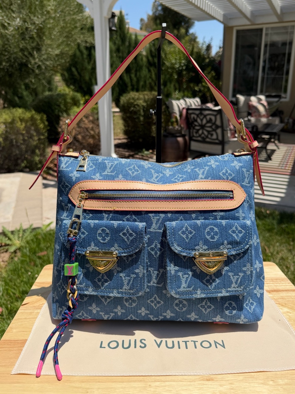 NEW LV Print Baggy Denim Monogram Large Satchel Shoulder Hobo Bag Blue Tan Gold